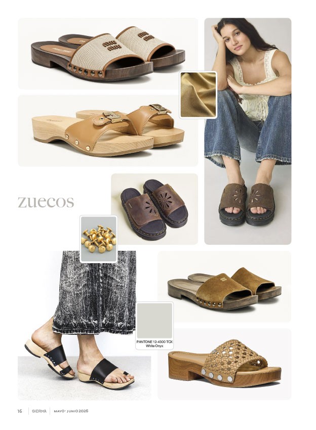 Zuecos femeninos destacan tachas, tramas y bases block